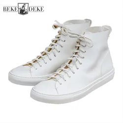 High Quality Men Lace Up High Top Cowhide Genuine Leather Shoes Casual Outside Trainer Sneakers White Flats Joggers Active Shoes