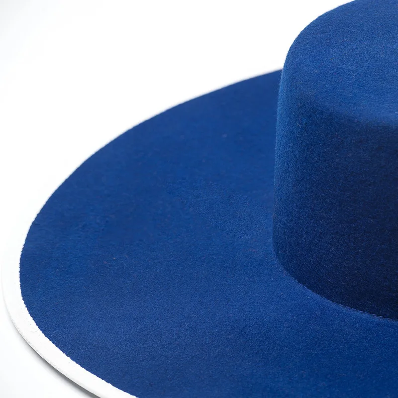 New Blue Real Wool Flat Fedora Hat Men Wome Solid color Big Wide Brim Felt Hat Derby Party Church Hat Adjustable Panama Jazz Hat