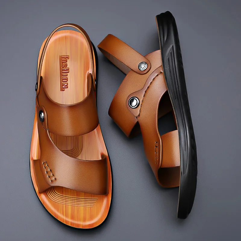 Summer New Fashion Men Shoes Vintage Real Leather Non-slip Beach Slip-On Sandals Travel Flip Flop Slippers Black Brown mk5