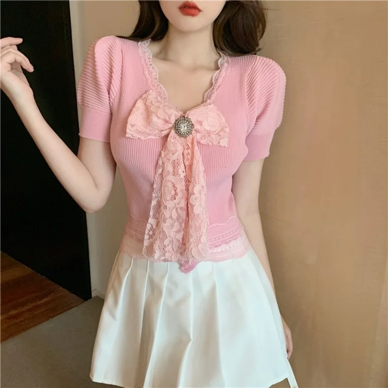 Designer New Women Sexy Slim Fit V Neck Knitted Tees Tops Lace Bowknot Crystal Short Sleeve T-Shirt Office Ladies Knitwear Top