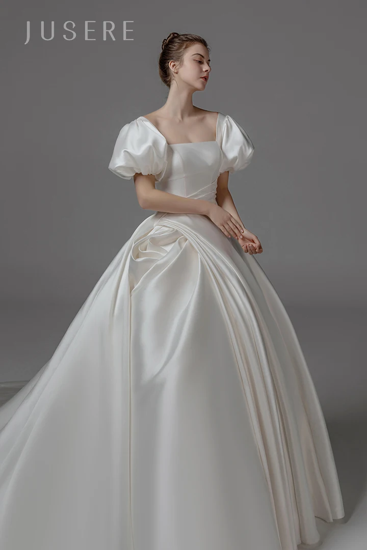 Jusere Quadratischen ausschnitt Satin brautkleid puffy ärmel hochzeit kleid brautkleid weiß kleider