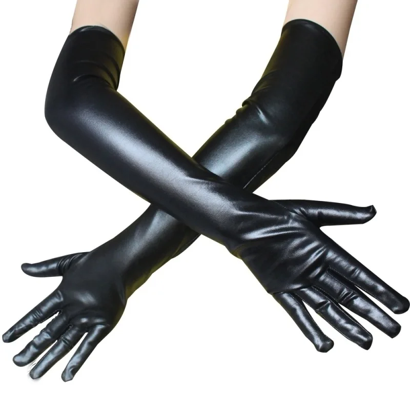 Sexy Patent Leather Long Section Gloves Cosplay Pole Dance Show Black Tight Gloves Show Party Magic Gloves