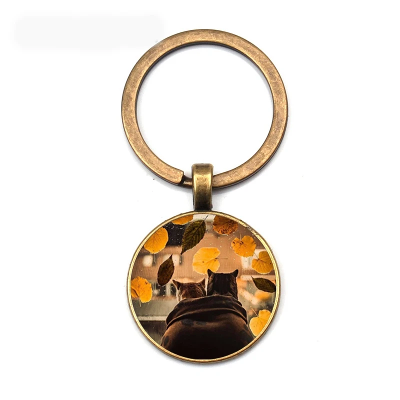 Glamour art photo keychain glass dome pendant fashion cat accompanied by deciduous keychain car key couple gift jewelry souvenir