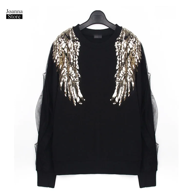 

Sequin Sweatshirt Women's Pullover Harajuku Punk Top Patch Street Wear Black Sweatshirt Autumn Cotton Casual Wear