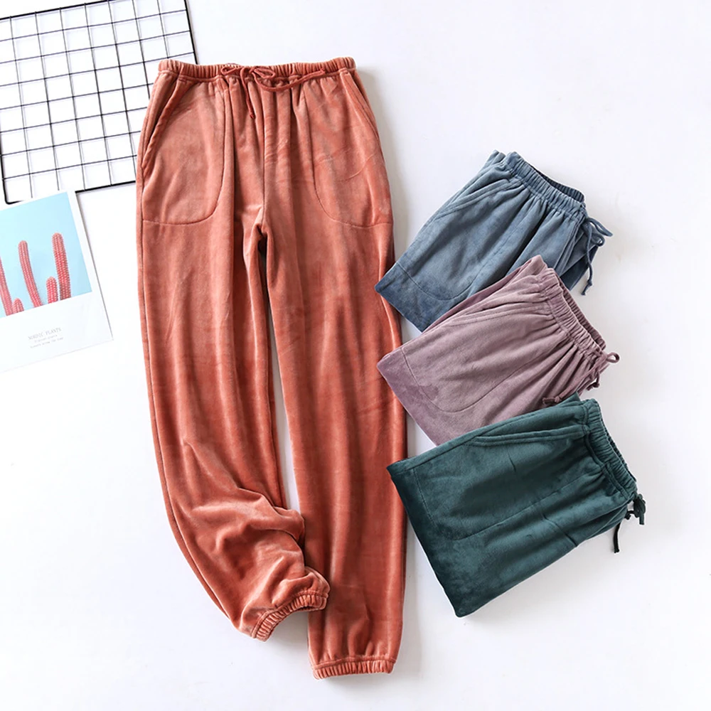 Pantalones de pijama de felpa para hombre y mujer, ropa de casa con cintura elástica suave, color liso, para otoño e invierno, 2020