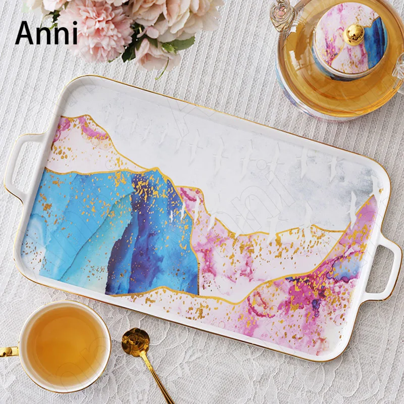 

Creativity Painted Flowing Gold Ceramic Trays Decorative European Modern Afternoon Tea Dessert Cake Pastry Tea Cup Storage Tray