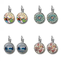 New Arrival Colorful House and Tree Sliver Color Earring Tree of Life France Earrings for Women Yoga Amulet Mandala EarHook Gift