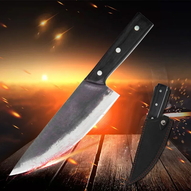 Butcher Knife with Cover Chef Knife Handmade Forged Kitchen Knife Stainless Steel for Meat Fish Vegetables Cleaver Knife