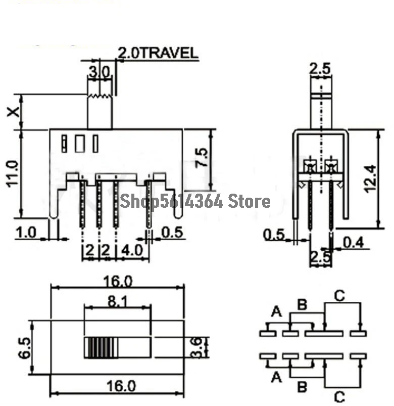 20PCS 3 Position Vertical Slide Switch 8 Pins DC 50V 0.3A SS-23D03-G5/G7