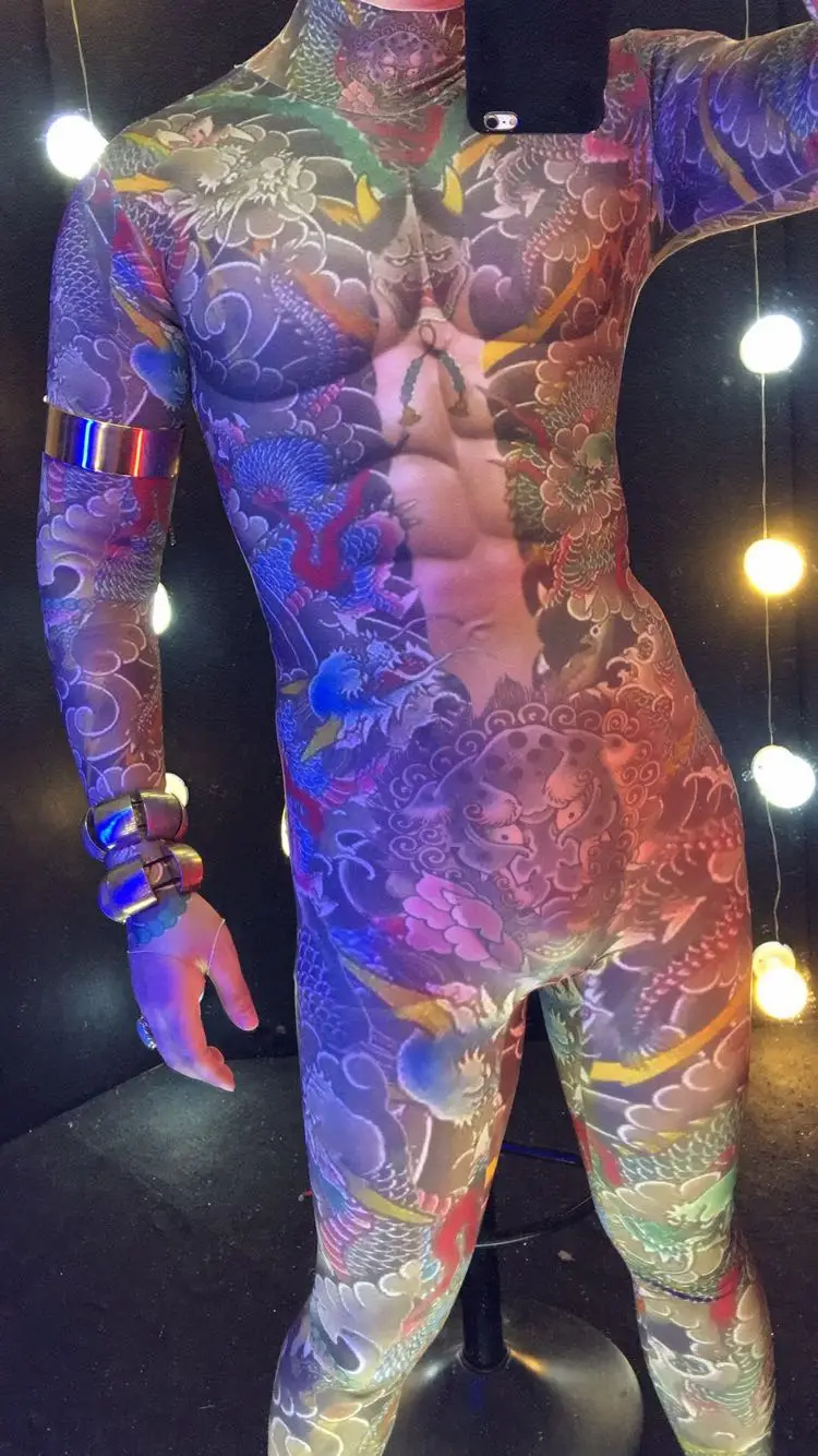 Personality Rune Tattoo jumpsuit Male Pole dancing DS costumes Leotard Elastic Rompers Nightclub Singer DJ performance bodysuit