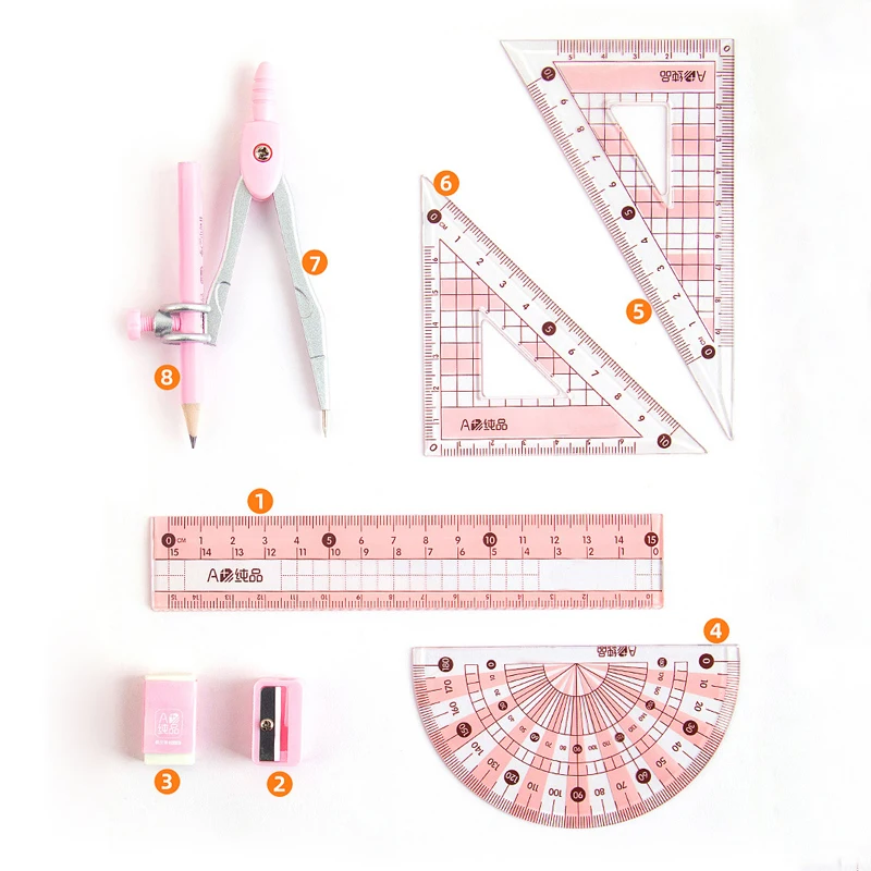 8 pcs/set High Quality Math Drawing Set with Iron Box School Student Compass Ruler Pencil Sharpener Eraser Exam Tool Stationery