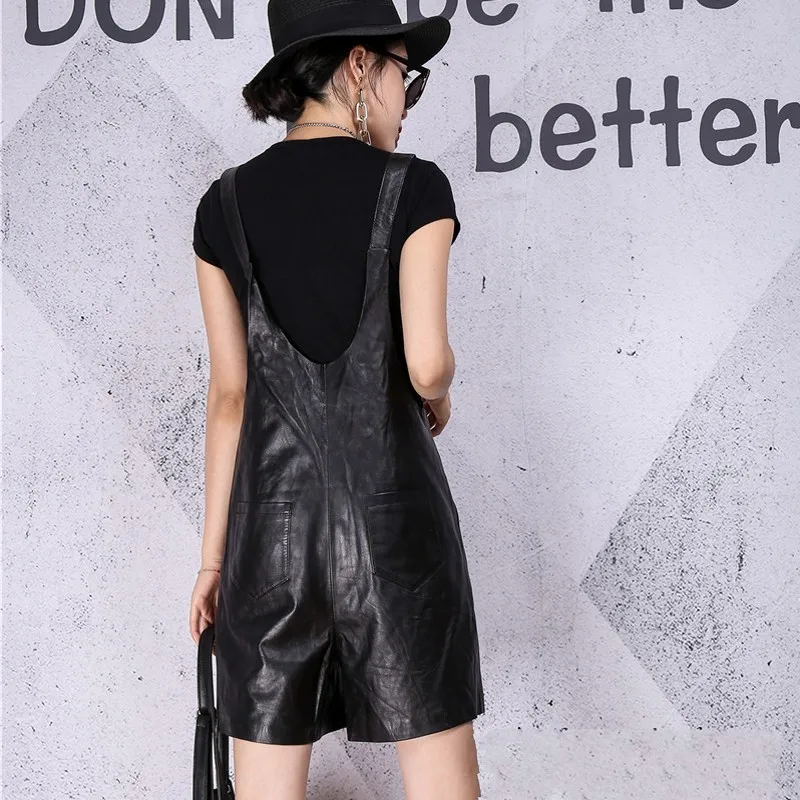 High Quality Women Real Sheepskin Straps Bib Shorts Streetwear Overalls Female Casual Loose Fit Genuine Leather Shorts Rompers