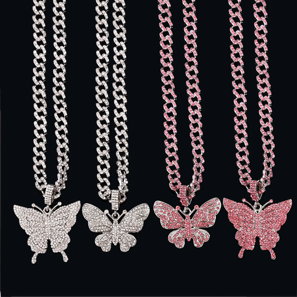 

2021 Trendy Big Butterfly Rhinestone Pendant Necklace For Women Hip Hop Cuban Chain Necklace Collar Punk Statement Jewelry Gift