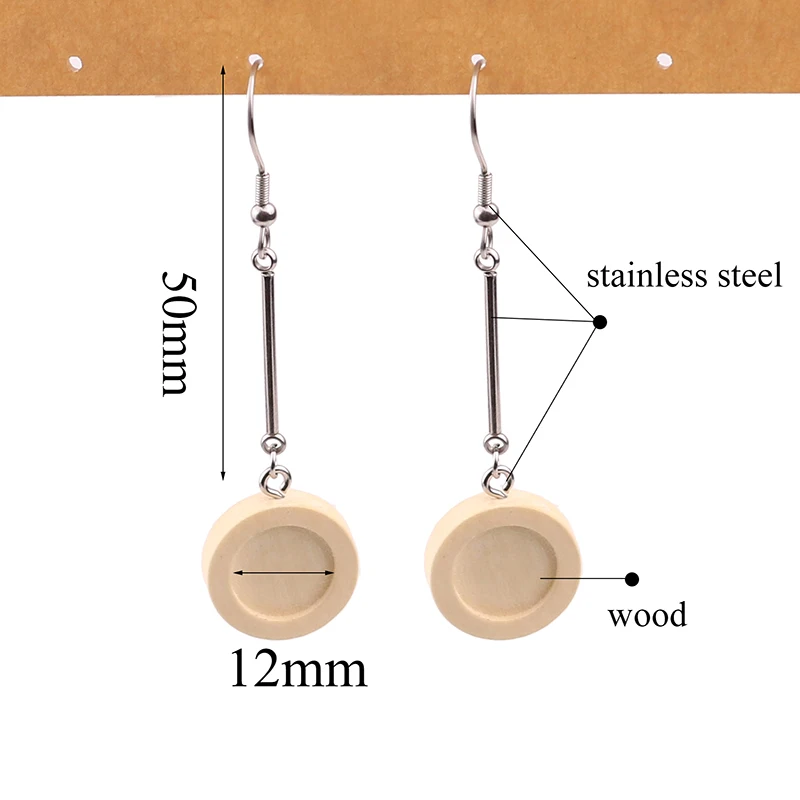 10pcs/lot Wood 12mm Cabochon Earring Base Settings Blank Long Earrings Bezel Trays Diy Stainless Steel Earring Hooks Findings