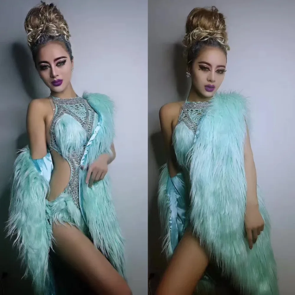 Green White Pink Feathers Coat Sparkly Crystal Sexy Hollow Out Bodysuit Nightclub DJ Singer Stage Costume Dance Performance Wear