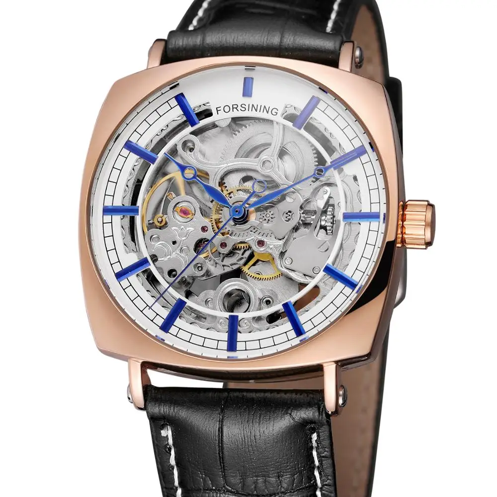 

FORSINING Fashion casual men's rose gold quadrilateral case blue hands white dial black leather strap automatic mechanical watch