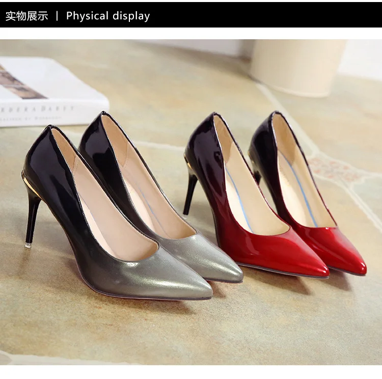 Women Shoes Pointed Toe Pumps Patent Leather Dress Wine Red 10CM High Heels Boat Shoes Wedding Shoes Zapatos Mujer