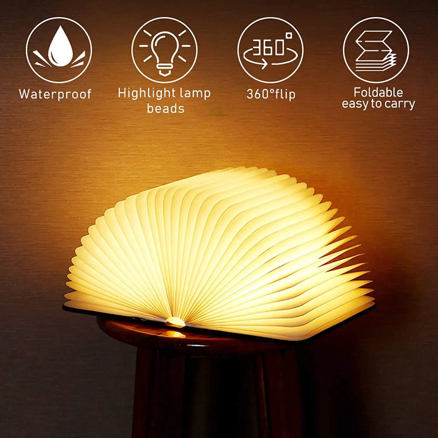 LED Book Night Light Portable 3 Colors 3D Creative Wooden 5V USB Rechargeable LED Paper Lantern Foldable Desk Table Lamp Decor