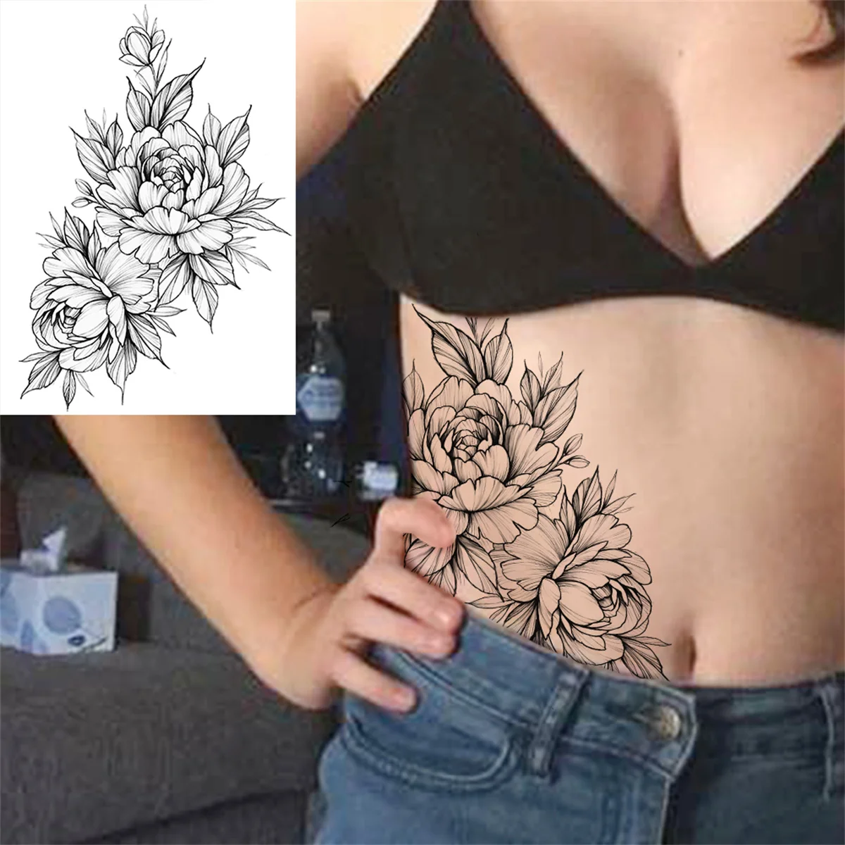 Anhänger Blume Temporäre Tattoos Für Frauen Erwachsene Gefälschte Schmuck Tattoo Aufkleber Pfingstrose Schwarz Henna Mond Große Oberschenkel Tatoo Wasserdicht