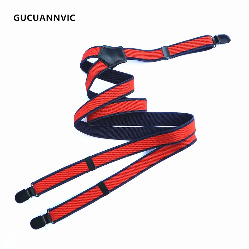 New red stripe casual suspenders British fashion men and women strap 3 clip suspenders  decorative braces pants