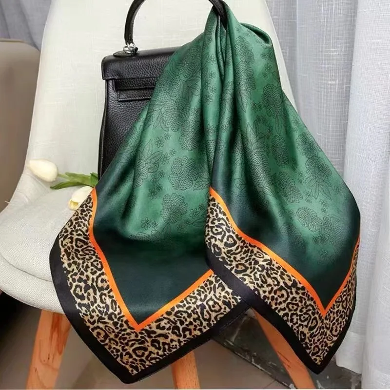 2023 Spain Fashion 90*90cm Square Women Dark Green Leopard Floral Silk Shawl Scarf Office Lady Hair Headband Foulards Headcloth