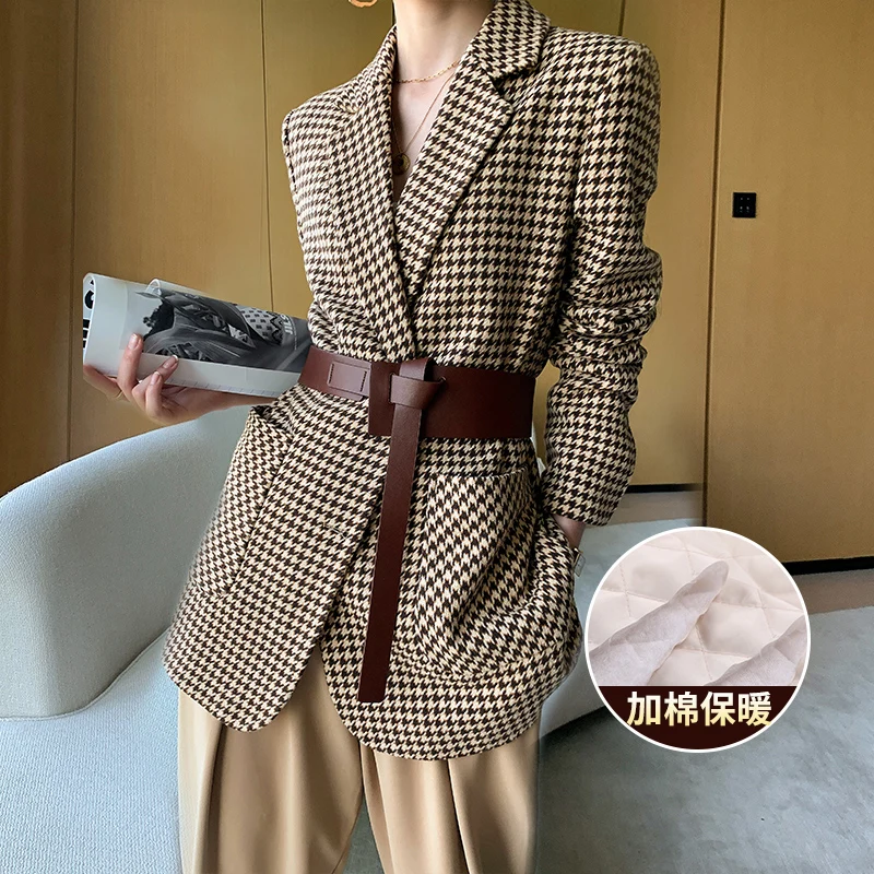 

Houndstooth Woolen Blazer Women's Short Section 2022 Spring Autumn New Temperament Custom Made All-Match Thick Plaid Suit