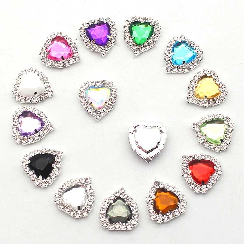 10Pcs/Lot 16MM Heart-Shaped Rhinestone Flat-Stitched Button Sdecoration DIY ForClothing, Wedding Beautiful Sewing Accessories