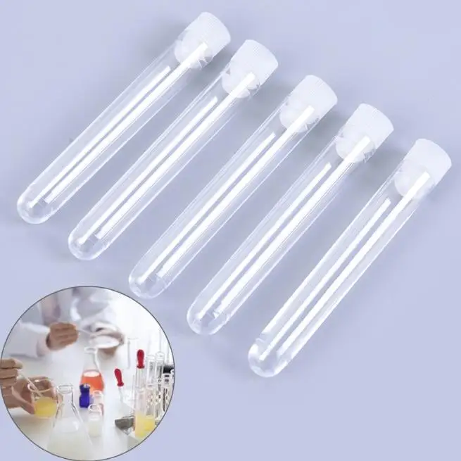 12x100mm Clear Plastic Test Tube With Cap  U-shaped Bottom Long Transparent Test Tube Lab Supplies 10 Pcs /set