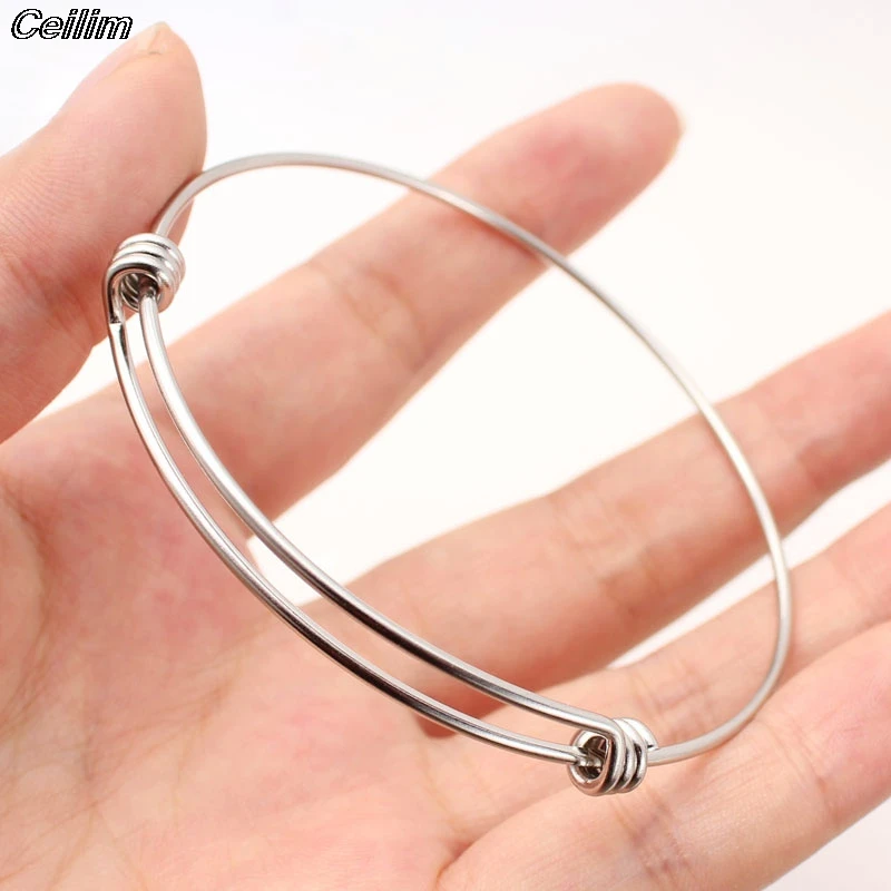 50Pcs 50/55/60/65mm Stainless Steel Wire Bangle Bracelet Adjustable Charm Wrist Bracelets Cuff Bangle Expandable Jewelry Making