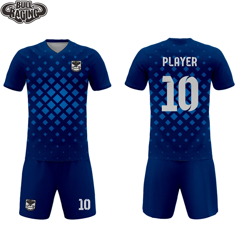 Set di abbigliamento da squadra uniforme da calcio di colore blu con stampa sublimatoin personalizzata