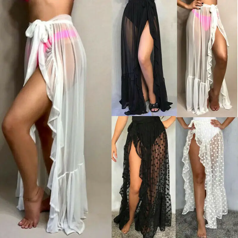 Women Sexy Sheer Beach Holiday Bikini Cover Up Wrap Skirt Vacation Holiday Dot Summer See Through Bathing Suit