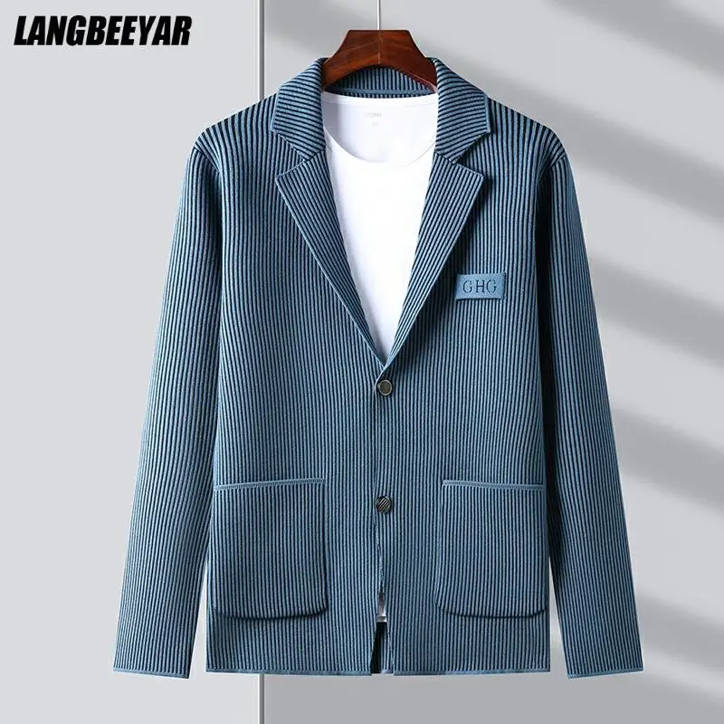 Top Grade New Brand Casual Fashion Slim Fit Striped Blazer Jacket Smart Elegant Stylish Knitted Suit Men Coat Mens Clothes 2023