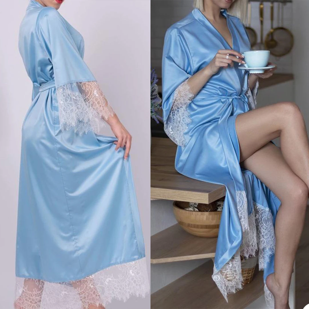 

Elegant Blue Satin Silk Bridal Bathrobes Dresses Women Long Lace Maternity Dress Prom Gown Photo Shoot Robe Evening Gowns