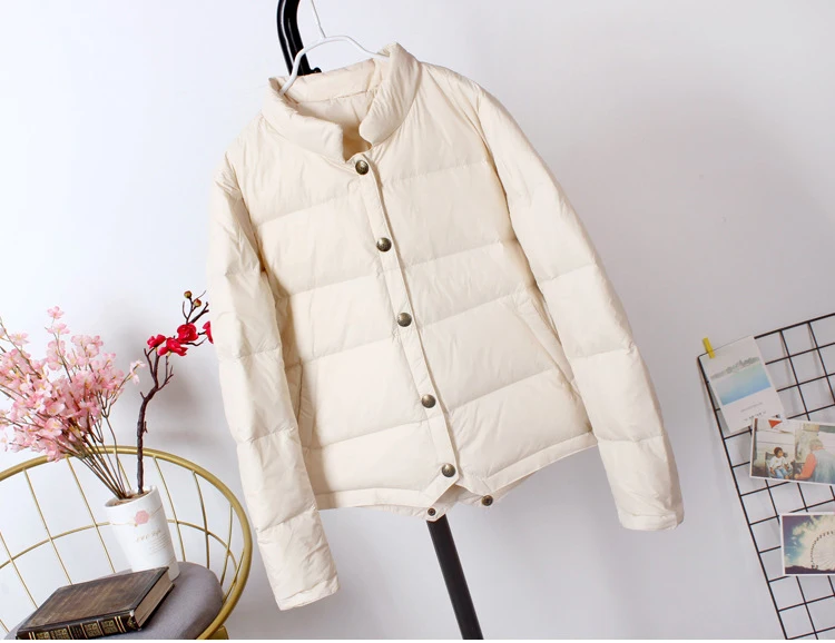 Schinteon Women White Duck Down Jacket Baseball Coat Casual Autumn Winter Short Outwear for Female Fashion