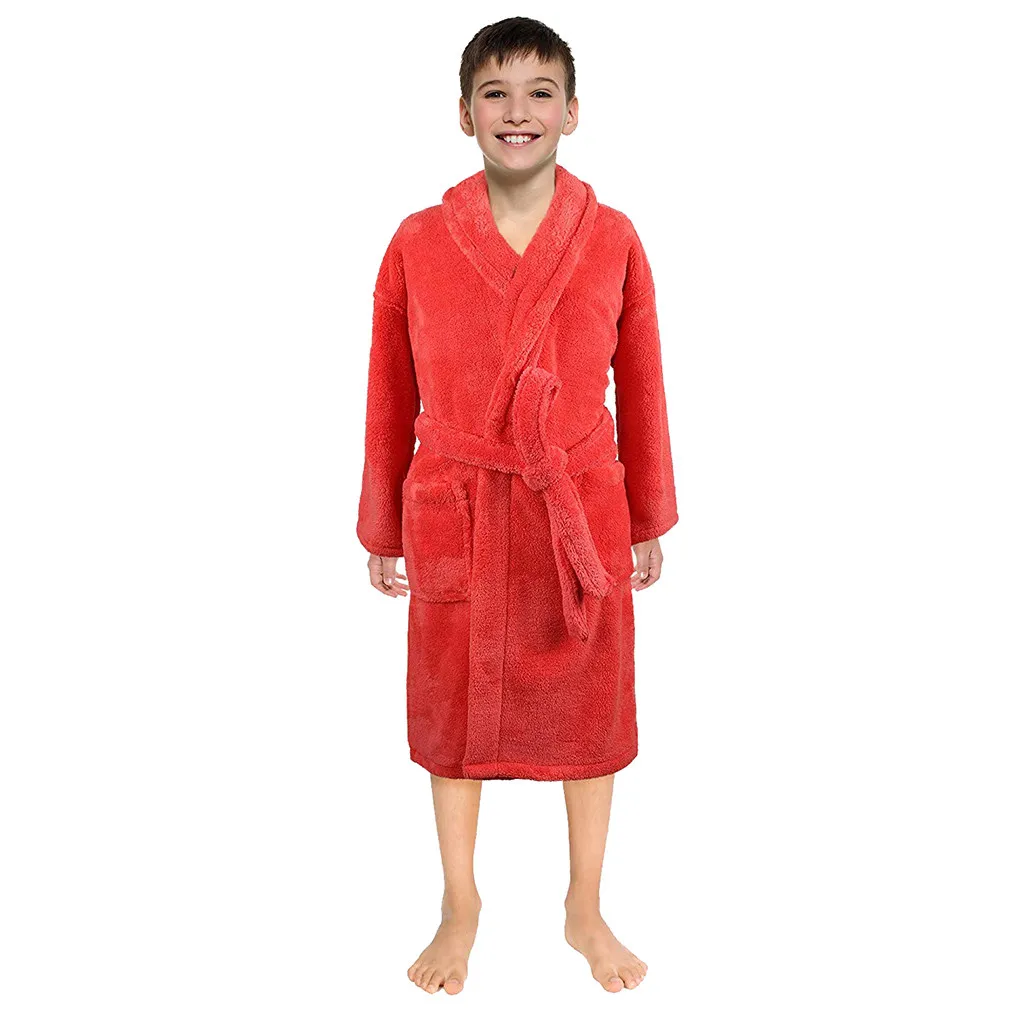 TELOTUNY Kids Boys Girls Solid Flannel Bathrobes Towel Night-Gown Pajamas Winter Warm Comfort Sleepwear Children Home Clothes