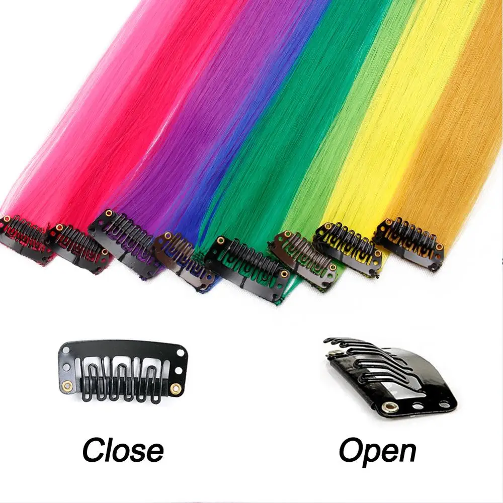 ONYX Long 20" Straight Color Hair Piece 10 Pcs/Pack Hair Clip Rainbow Hair Streak Pink Synthetic Hair Strands on Clips