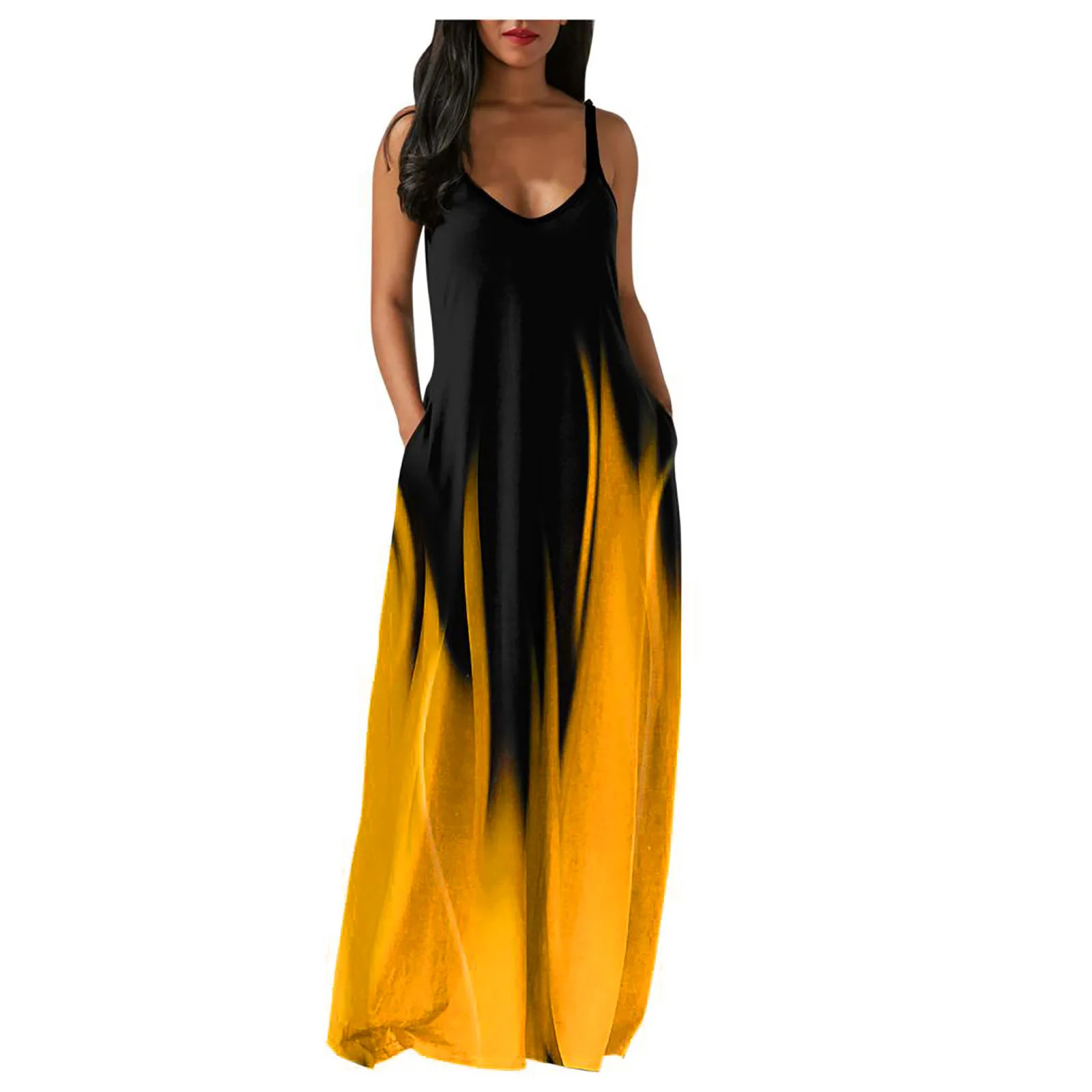 Sexy Spaghetti Strap Gradient Long Maxi Dress Women Casual Sleeveless Loose Pocket Boho Sundress Holiday Party Robe Vestidos