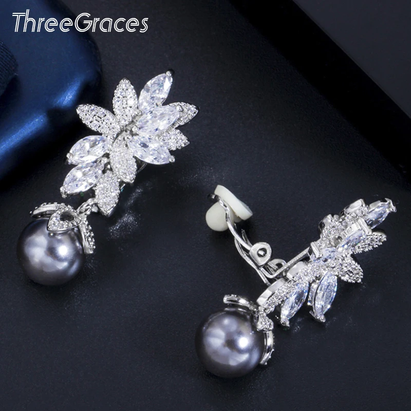 

ThreeGraces Shiny CZ Crystal Dangle Gray Simulated Pearl Without Piercing No Ear Hole Clip Earring for Women Party Jewelry ER568