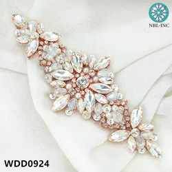 (1PC) Silver rose gold bridal belt wedding applique with crystals sewn iron on for wedding dress WDD0924