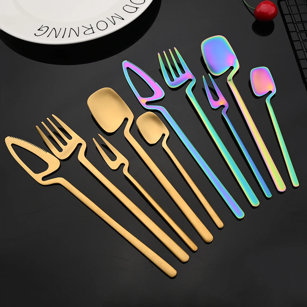 Matte Gold Cutlery Set Tableware 18/10 Stainless Steel Flatware Dinnerware Knife FruitFork Ice Spoon Dessert Fork Set For Party