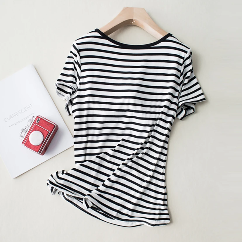 Built in Bra Sleep Shirts Women Loose fit Short Sleeve Striped Modal Sleep Wear Summer Padded Bra Breathable Lounge Lingerie image 3