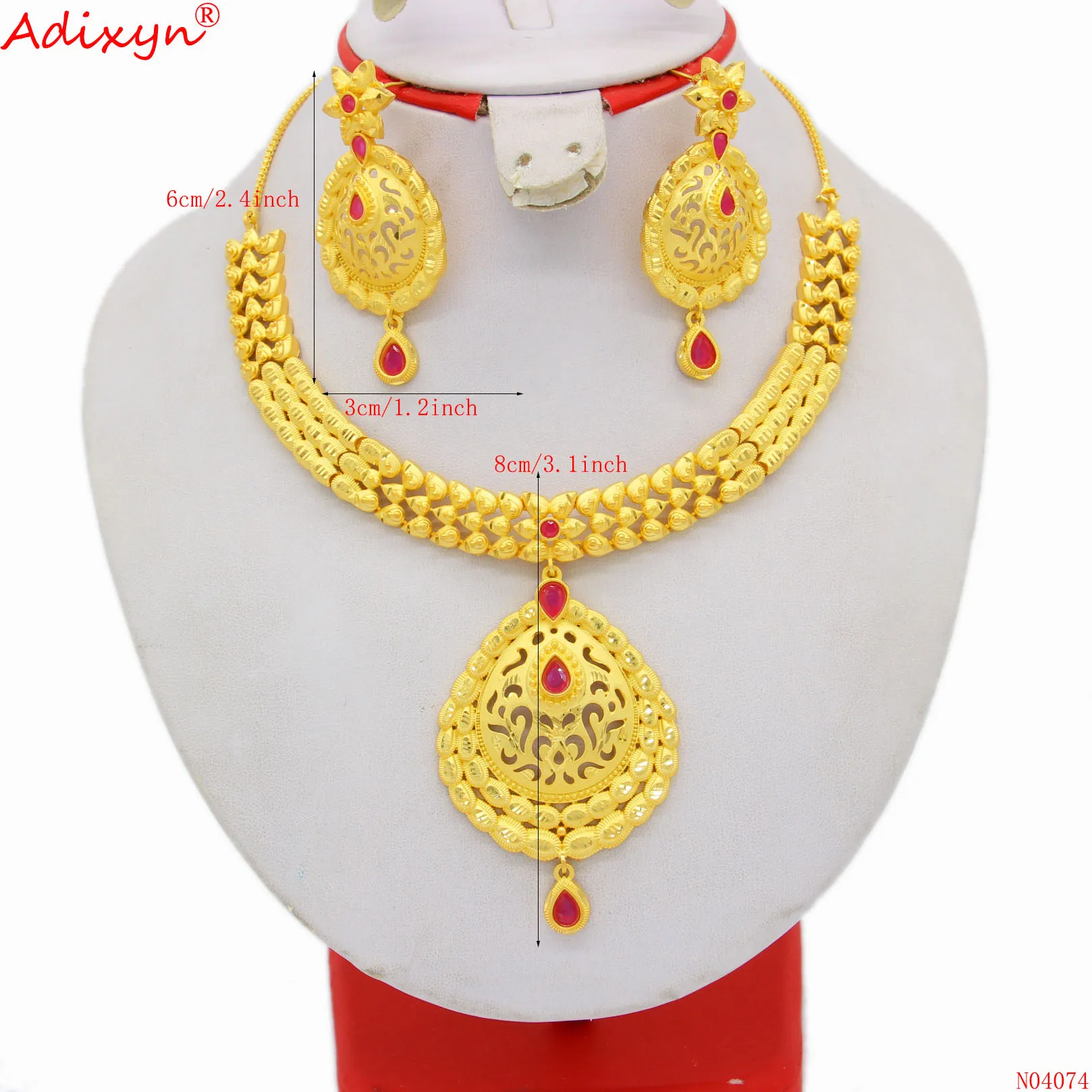 Adixyn RED Stone Dubai Jewelry set Gold Color Copper Necklace Earrings for Women African Beads Set N04074