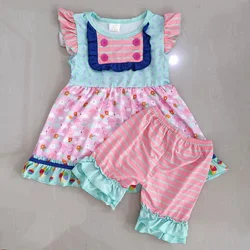 Wholesale Baby Girl Stripes Short Sleeves Ruffle Buttons Tunic Girls Kids Shorts Summer Set Toddler Children Clothing