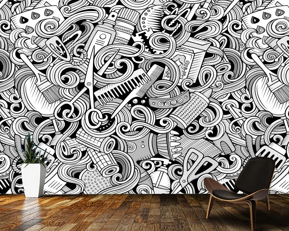 Papel de parede Cartoon line art cute doodle hair salon barber shop bar restaurant bedroom abstract wallpaper mural home decor