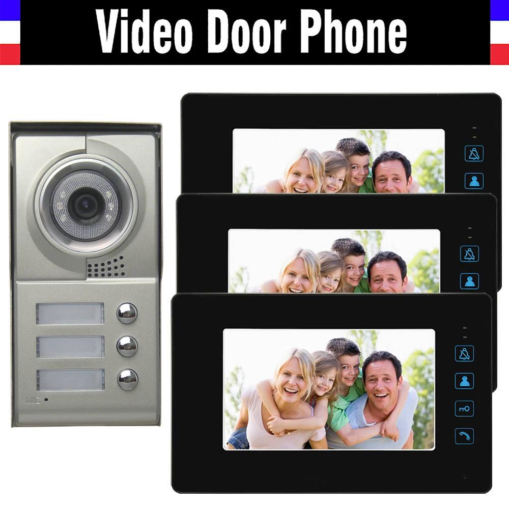 

3 Units Apartment Video Door phone System 7" touch Monitor Video Intercom Aluminum Alloy Camera for 3-households video Doorbell