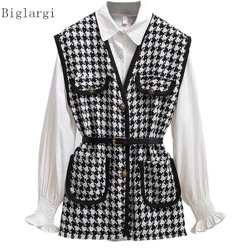 Long Lantern Sleeve Shirt Women Houndstooth Tweed Vest 2 Two Piece Set 2023 Spring Autumn Womens Shirts Sets Sleeveless Tops New