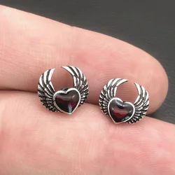 Indie Gothic Silver Colour Vintage Blood Red Heart with Wings Ear Studs Aesthetic E Girl Goblincor E Boy Earings Y2k Jewelry