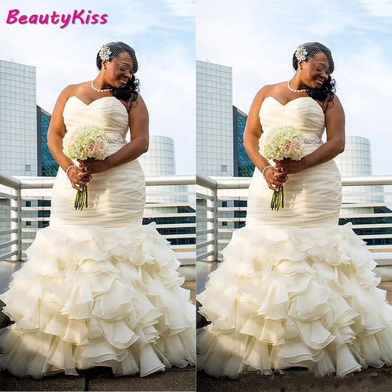 African Plus Size Mermaid Wedding Dress Sweetheart Ruffle Skirt Organza Bridal Gown For Black Girl Sleeveless Long Wedding Dress