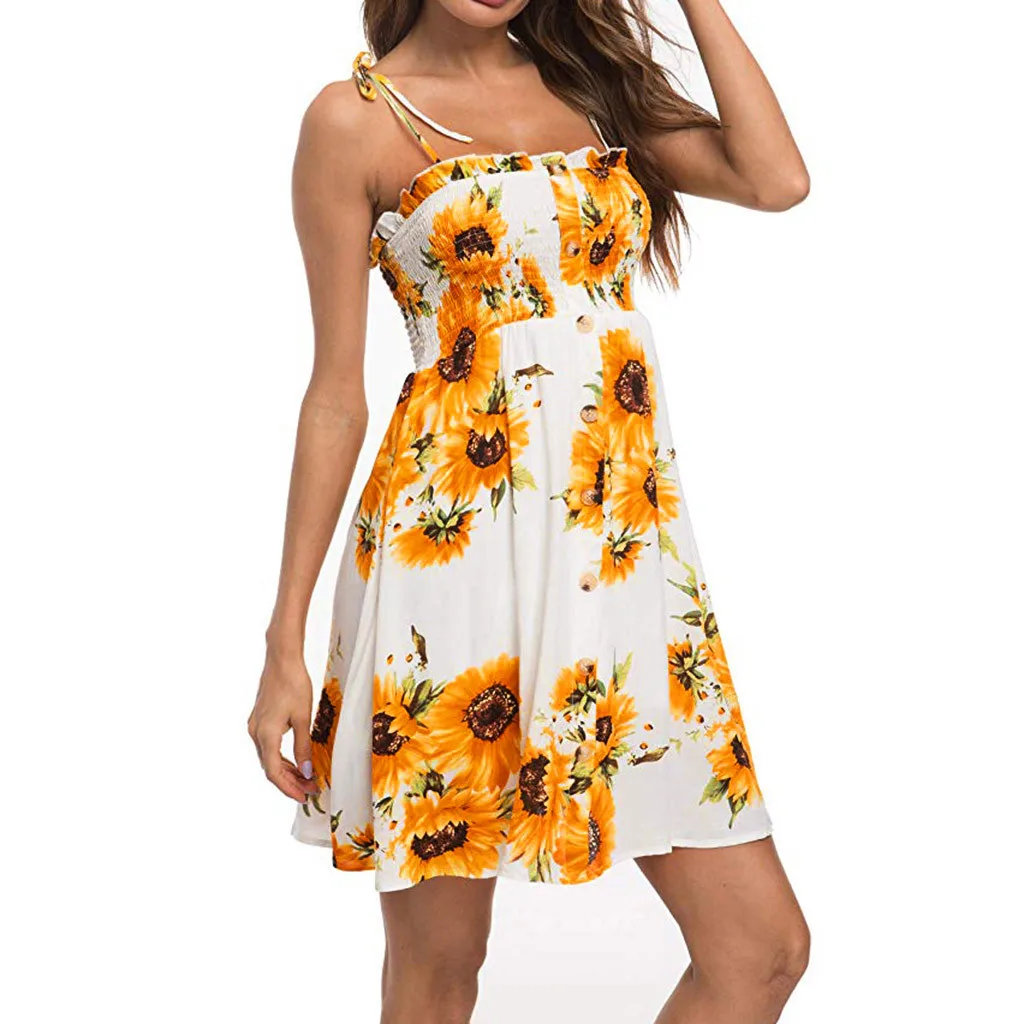 Stylish Bar 2020 Summer Sunflower Party Dress Women Camis Flora Printed Beach Dress Female Backless Mini Dresses Ladies Vestidos