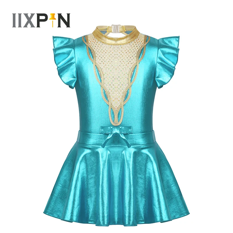 

Girls Gymnastics Leotard Dress Halloween Showman Kids Dance Costume Short Flutter Sleeves Metallic Sparkly Sequins Keyhole Back